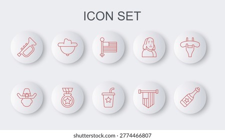 Set line Champagne bottle, Sheriff cowboy, American flag, Trumpet, Western hat, Medal with star and Paper glass straw icon. Vector