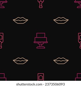 Set line Champagne bottle, Smiling lips and Wedding cake on seamless pattern. Vector