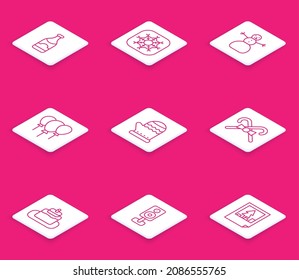 Set line Champagne bottle, Snowflake, Christmas snowman, Balloons with ribbon, mitten, candy cane, Cake and Stereo speaker icon. Vector