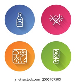 Set line Champagne bottle, Sparkler firework, Firework rocket and Stereo speaker. Color circle button. Vector