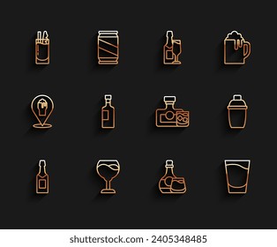 Set line Champagne bottle, Wine glass, Cocktail Bloody Mary, Whiskey and, Shot, shaker and  icon. Vector