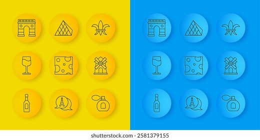 Set line Champagne bottle, Wine glass, Cheese, Perfume, Windmill, Triumphal Arch, Fleur De Lys and Louvre pyramid icon. Vector