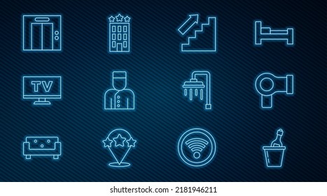 Set line Champagne in an ice bucket, Hair dryer, Stairs up, Concierge, Smart Tv, Lift, Shower and Hotel building icon. Vector
