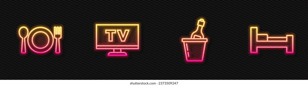 Set line Champagne in an ice bucket, Plate, fork and knife, Smart Tv and Hotel room bed. Glowing neon icon. Vector