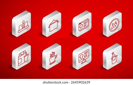 Set line Champagne in an ice bucket, Cooking pot, Online ordering and delivery, Toilet, Salt pepper, Coffee cup and  icon. Vector