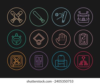 Set line Championship tournament bracket, Planning strategy, Baseball bat with ball, field, Stopwatch, Crossed baseball, glove and  icon. Vector