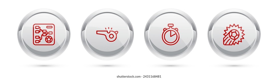 Set line Championship tournament bracket, Whistle, Stopwatch and Soccer football ball. Silver circle button. Vector