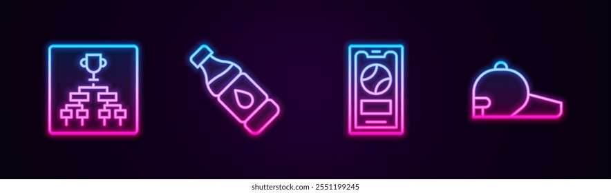 Set line Championship tournament bracket, Bottle of water, Mobile with baseball ball and Baseball cap. Glowing neon icon. Vector