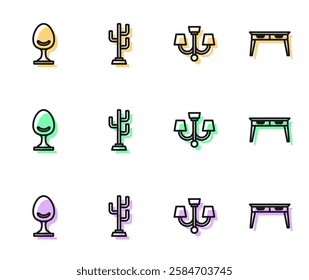 Set line Chandelier, Armchair, Coat stand and Office desk icon. Vector