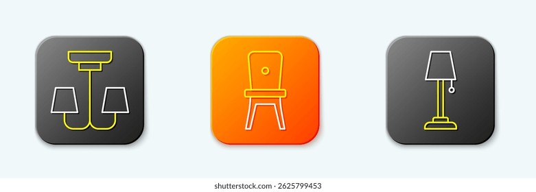 Set line Chandelier, Chair and Floor lamp icon. Vector