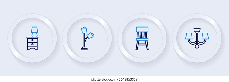 Set line Chandelier, Chair, Floor lamp and Furniture nightstand with icon. Vector