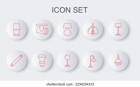 Set line Chandelier, Fluorescent lamp, Table, Floor, Led track lights lamps, LED bulb and  icon. Vector
