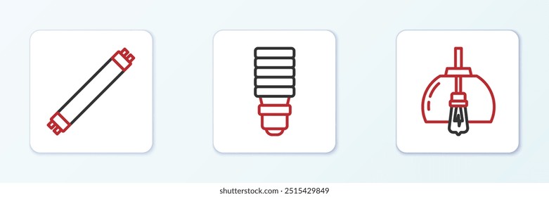 Set Linie Kronleuchter, Leuchtstofflampe und LED-Glühbirne Symbol. Vektorgrafik