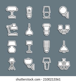 Set Line Chandelier, Lamp Hanging, Wall Lamp Or Sconce, Table,  And LED Light Bulb Icon. Vector