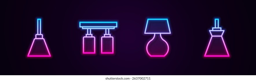 Set line Chandelier, Led track lights lamps, Table and Lamp hanging. Glowing neon icon. Vector