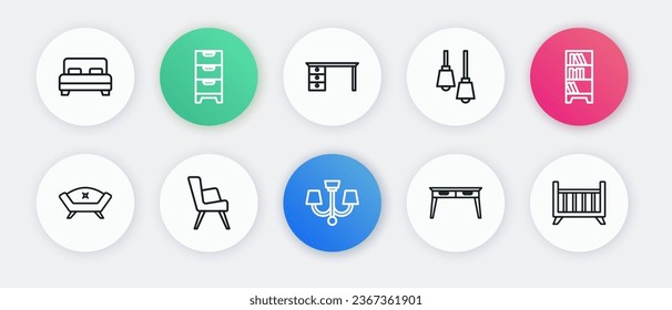 Set line Chandelier, Library bookshelf, Sofa, Office desk, Lamp hanging, Baby crib cradle bed and Armchair icon. Vector