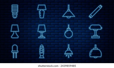Set line Chandelier, Table lamp, Lamp hanging, LED light bulb,  and  icon. Vector