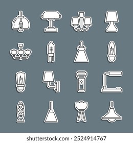 Set Linie Kronleuchter, Tischlampe, Glühbirne, Leuchtdiode, und Lampe hängenden Symbol. Vektorgrafik