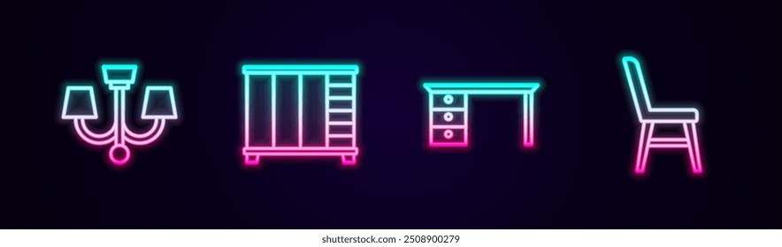 Set line Kronleuchter, Schrank, Schreibtisch und Stuhl. Leuchtendes Neonsymbol. Vektorgrafik