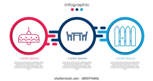 Set line Chandelier, Wooden table with chair and Garden fence wooden. Business infographic template. Vector