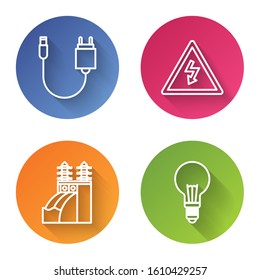 Set line Charger, High voltage sign, Nuclear power plant and Light bulb with concept of idea. Color circle button. Vector