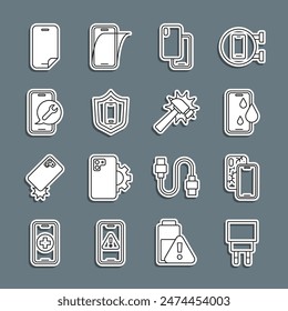 Set line Charger, Mobile with broken screen, Waterproof phone, Smartphone, shield, service, Glass protector and Hammer icon. Vector