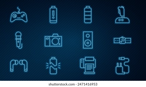 Set line Charger, Smartwatch, Battery charge level indicator, Photo camera, Microphone, Gamepad, Stereo speaker and  icon. Vector