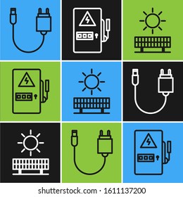 Set line Charger, Solar energy panel and sun and Electrical panel icon. Vector