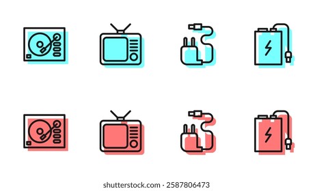 Set line Charger, Vinyl player, Retro tv and Power bank with charge cable icon. Vector