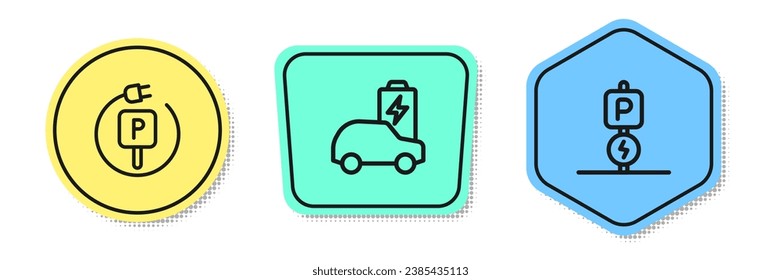 Set line Charging parking electric car, Electric and . Colored shapes. Vector