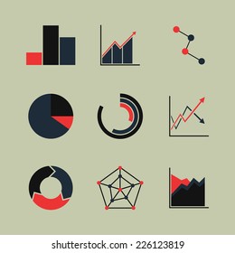 Set of line chart and diagram (black-red) icons. Isolated on light background. Vector illustration, eps 8.