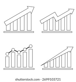 Conjunto de ícones do gráfico de linhas com setas para cima e contornos de barras, estilo de contorno simples representando o crescimento da empresa, o lucro e o progresso financeiro, isolado em fundo branco.