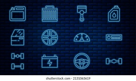 Ajuste la línea del coche del chasis, el audio del coche, el pistón del motor, la rueda de aleación, la puerta, el cartucho para el aceite del motor, el velocímetro y el icono del sistema de refrigeración del radiador. Vector