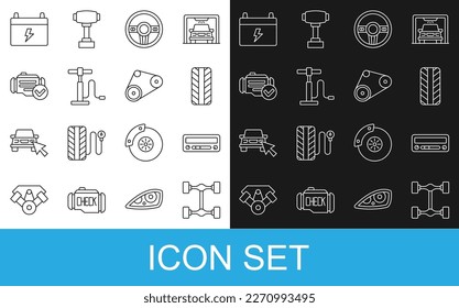 Set line Chassis car, Car audio, tire wheel, Steering, air pump, Check engine, battery and Timing belt kit icon. Vector