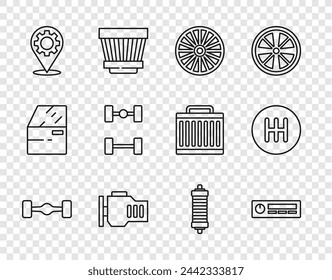 Set line Chassis car, Car Audio, Alloy wheel, Check engine, service, Shock absorber and Gear shifter icon. Vector