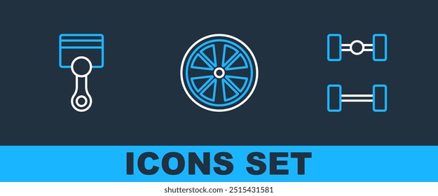 Set line Chassis car, Engine piston and Alloy wheel icon. Vector