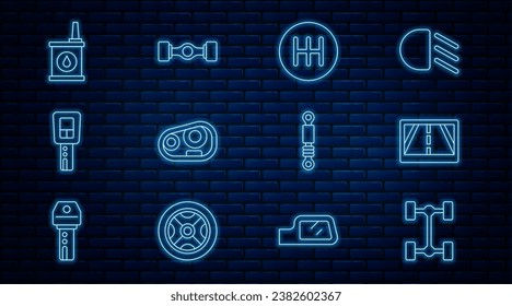 Set line Chassis car, Gps device with map, Gear shifter, Car headlight, key remote, Canister for motor oil, Shock absorber and  icon. Vector