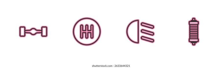Set line Chassis car, High beam, Gear shifter and Shock absorber icon. Vector