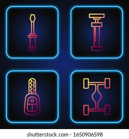Set line Chassis car, Car key with remote, Screwdriver and Car air pump. Gradient color icons. Vector