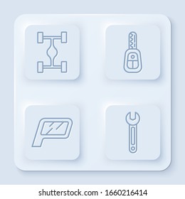 Set line Chassis car, Car key with remote, Car mirror and Wrench. White square button. Vector