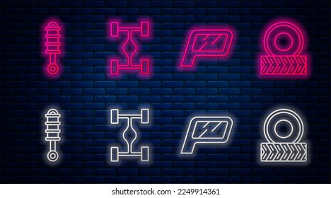 Set line Chassis car, Car mirror, Shock absorber and Car wheel. Glowing neon icon on brick wall. Vector