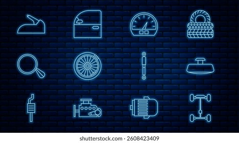 Set line Chassis car, Car mirror, Speedometer, wheel, handbrake, Shock absorber and door icon. Vector