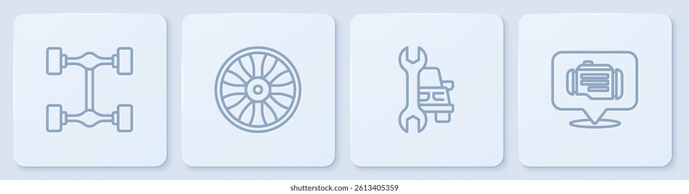 Set line Chassis car, Car service, Alloy wheel for and Check engine. White square button. Vector