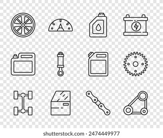 Set line Chassis car, Timing belt kit, Canister for motor oil, Car door, Alloy wheel, Shock absorber, chain and Gear icon. Vector