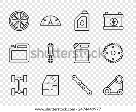 Set line Chassis car, Timing belt kit, Canister for motor oil, Car door, Alloy wheel, Shock absorber, chain and Gear icon. Vector