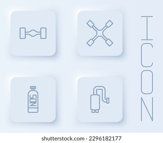 Set line Chassis car, Wheel wrench, Nitrous oxide and Car muffler. White square button. Vector