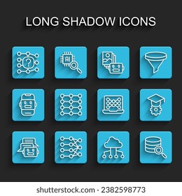 Set line Chat bot, Neural network, Network cloud connection, Server, Graduation cap and  icon. Vector