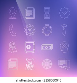 Ajuste el Chat en línea, la cabeza humana con el engranaje interior, el Empuje, el vidrio de la horquilla antigua, la gestión del tiempo, el teléfono, el pin de mapa y el icono de Stopwatch. Vector