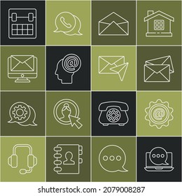 Set line Chat messages notification on laptop, Mail and e-mail, Envelope, Monitor envelope, Calendar and  icon. Vector