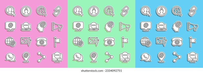 Set line Chat messages notification on monitor, Location marker, Megaphone, Create account screen, laptop, Mail and e-mail,  and  icon. Vector